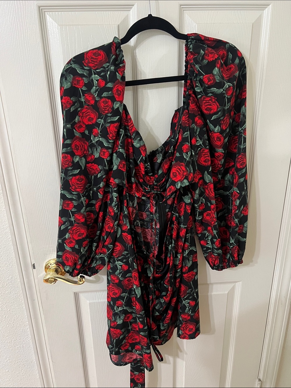 PrettyLittleThing Black Mini Dress with Red Rose Print